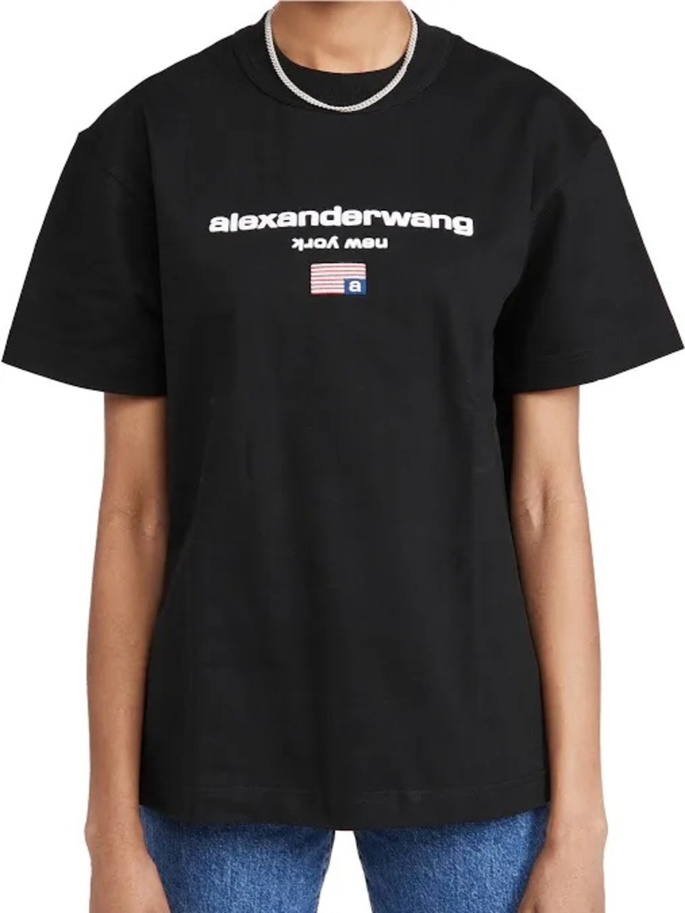 Alexander Wang Black Short-Sleeve Logo Tee with Flag Motif
